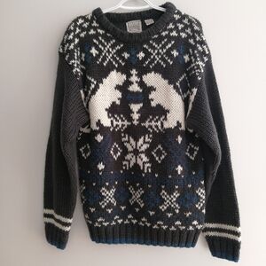 Vintage Polar Bear Gray and White Sweater Men's Medium Unisex Cozy Cottage Cabin